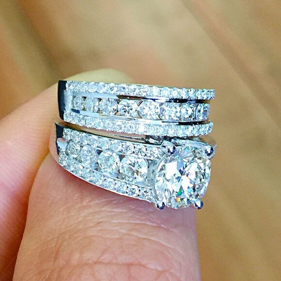 💝 Eternity Full CZ Diamonds Silver Plated Couple Chunky Ring Set, UNVN12286 - Picture 6 of 9